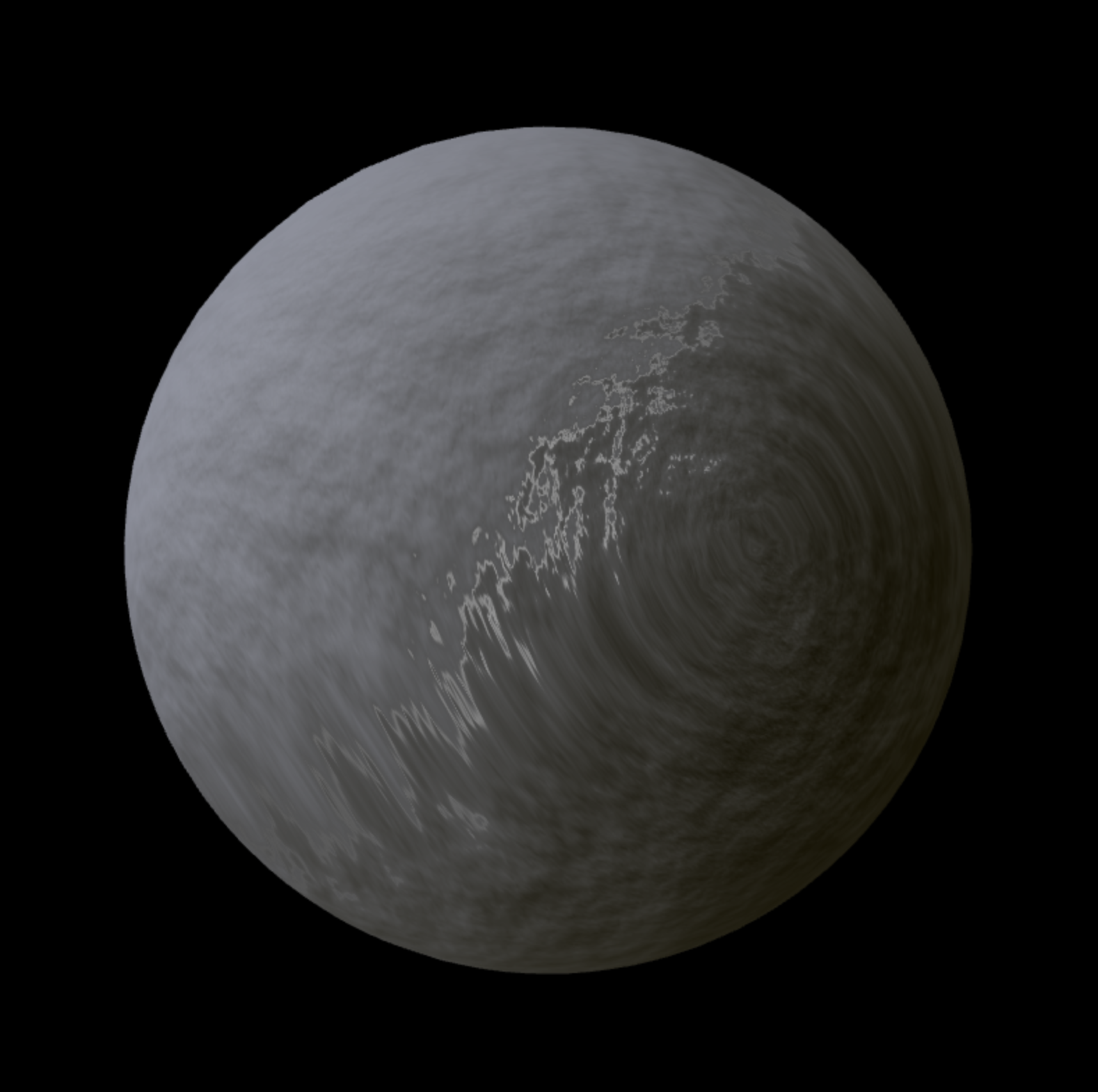 In a plain, dark environment is a sphere with a rough texture, lit from a single point light.