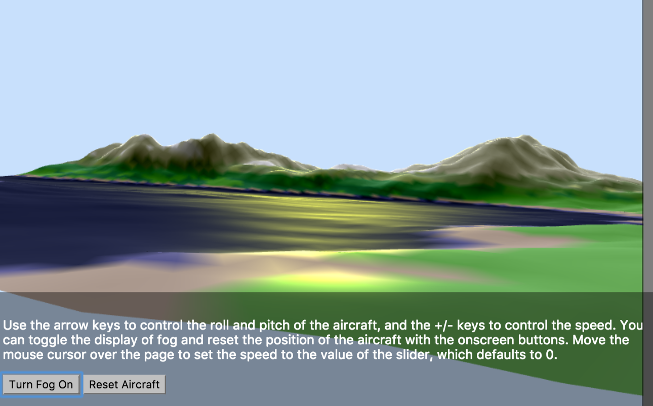 flight simulator view of lake and mountains