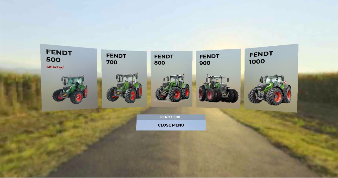 five panels atop a field background illustrate different tractor options