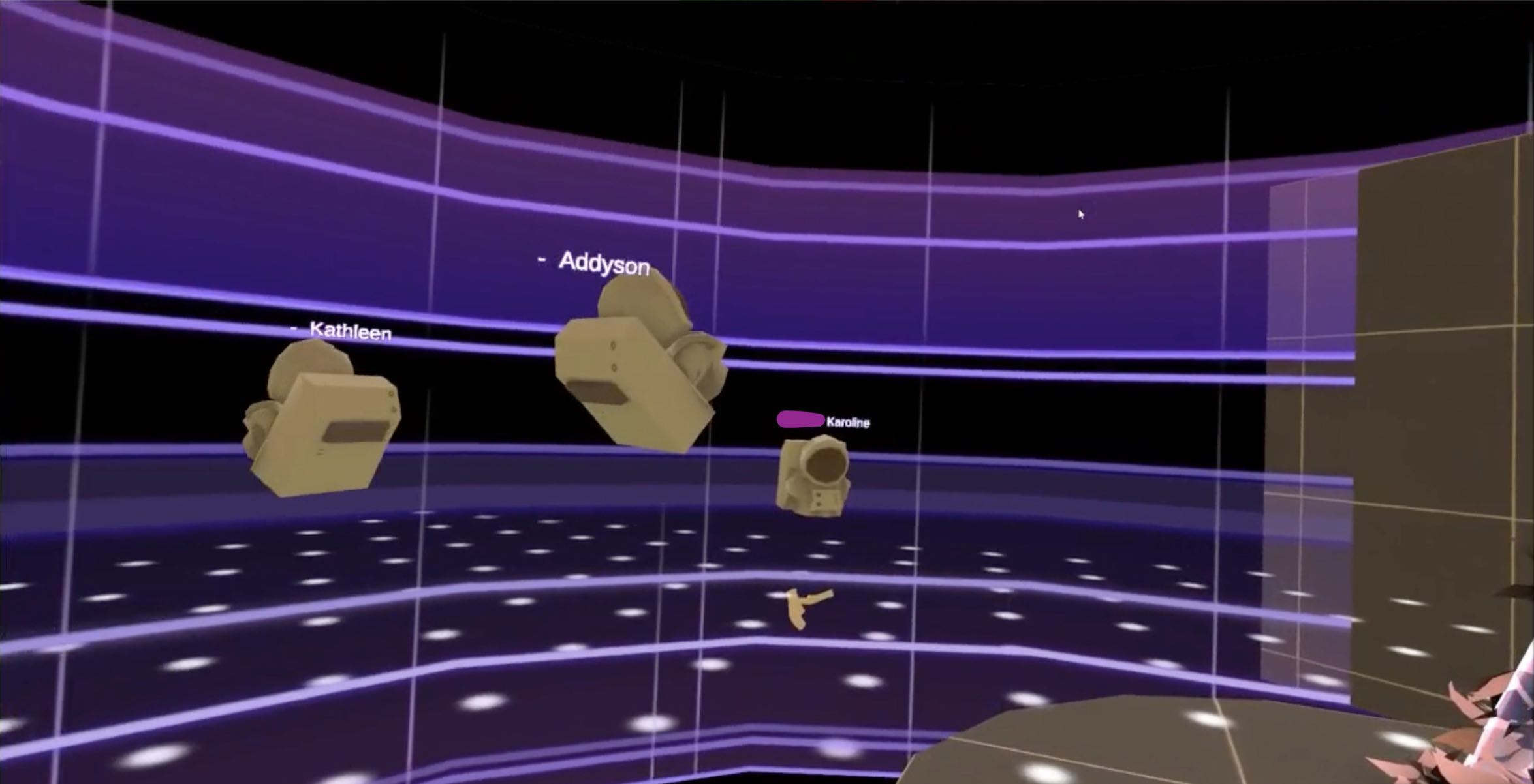 several astronaut avatars look around in a virtual room with a purple grid for walls