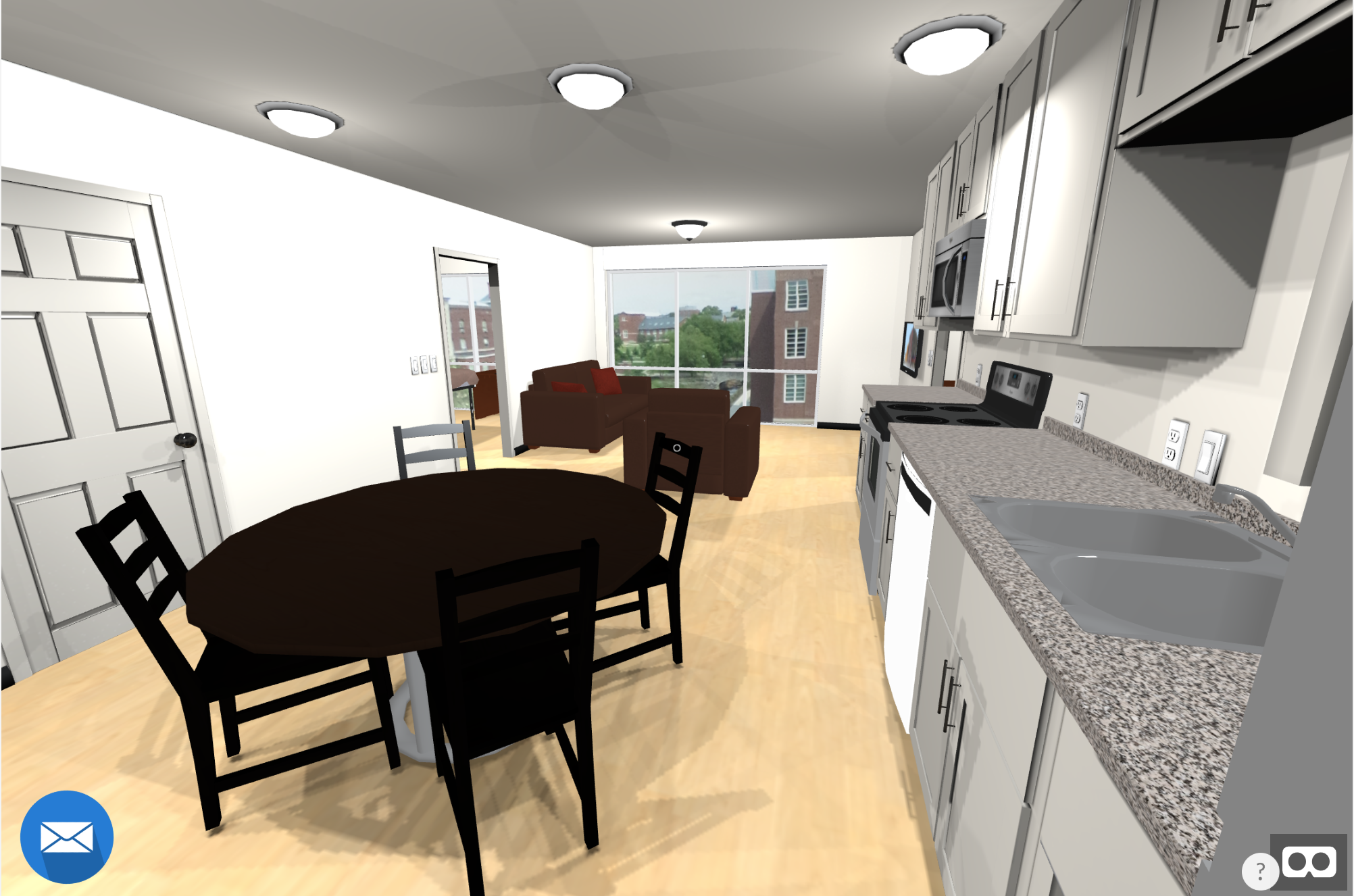 a virtual apartment livingroom and kitchen are furnished and overlook a quadrangle